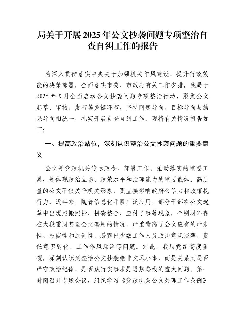 局关于开展2025年公文抄袭问题专项整治自查自纠工作的报告_第1页