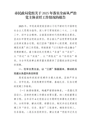市民政局党组关于2025年落实全面从严治党主体责任工作情况的报告