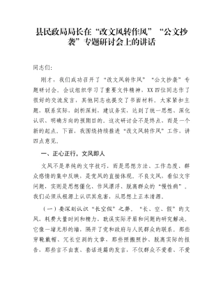 县民政局局长在“改文风转作风”“公文抄袭”专题研讨会上的讲话