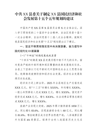 中共XX县委关于制定XX县国民经济和社会发展第十五个五年规划的建议