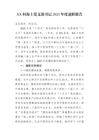XX村海上党支部书记2025年度述职报告