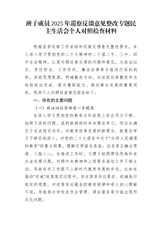 班子成员2025年巡察反馈意见整改专题民主生活会个人对照检查材料