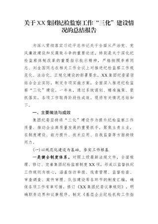 关于XX集团纪检监察工作“三化”建设情况的总结报告