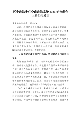 区委政法委在全市政法系统2026年务虚会上的汇报发言