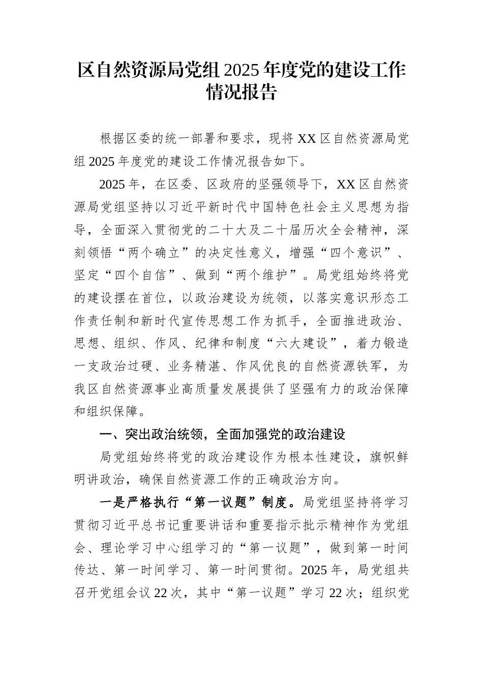 区自然资源局党组2025年度党的建设工作情况报告_第1页