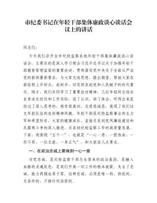 市纪委书记在年轻干部集体廉政谈心谈话会议上的讲话