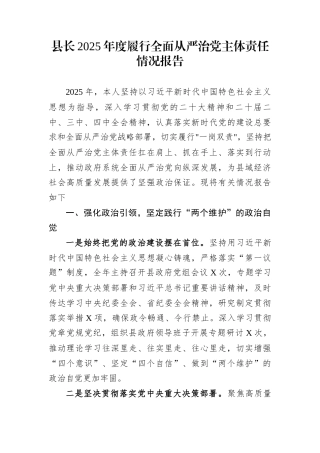 县长2025年度履行全面从严治党主体责任情况报告