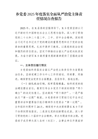 乡党委2025年度落实全面从严治党主体责任情况自查报告