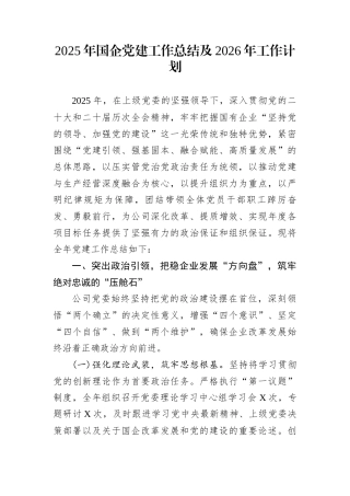 2025年国企党建工作总结及2026年工作计划