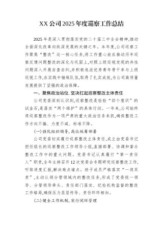 XX公司2025年度巡察工作总结