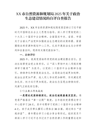 XX市自然资源和规划局2025年关于政治生态建设情况的自评自查报告