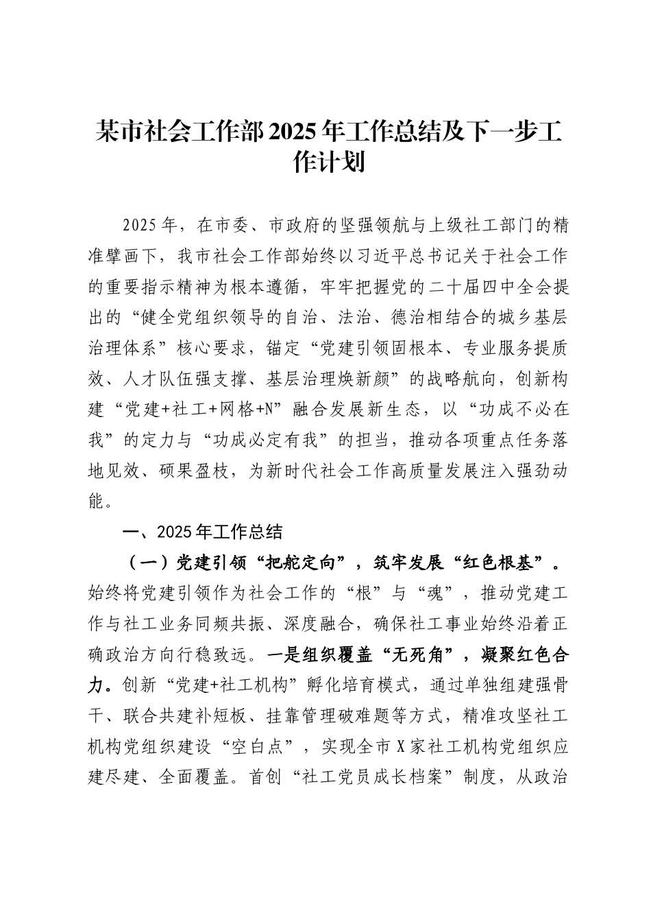 市社会工作部2025年工作总结及下一步工作计划_第1页