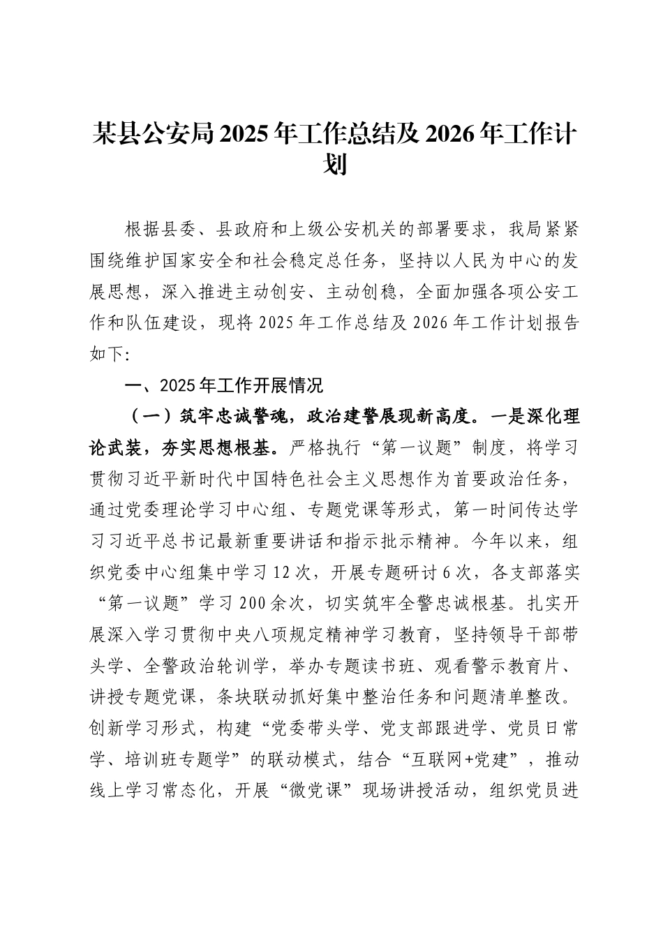 县公安局2025年工作总结及2026年工作计划_第1页