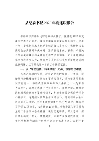 县纪委书记2025年度述职报告