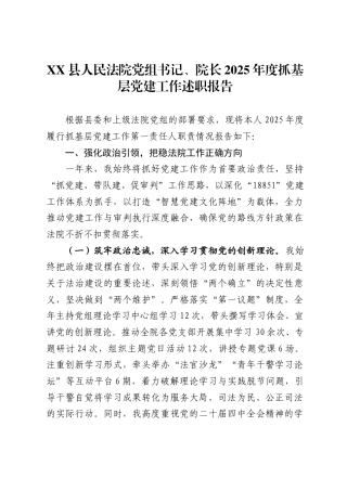 县人民法院党组书记、院长2025年度抓基层党建工作述职报告