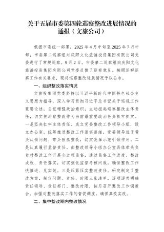关于五届市委第四轮巡察整改进展情况的通报（文旅公司）