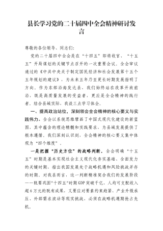 县长学习党的二十届四中全会精神研讨发言