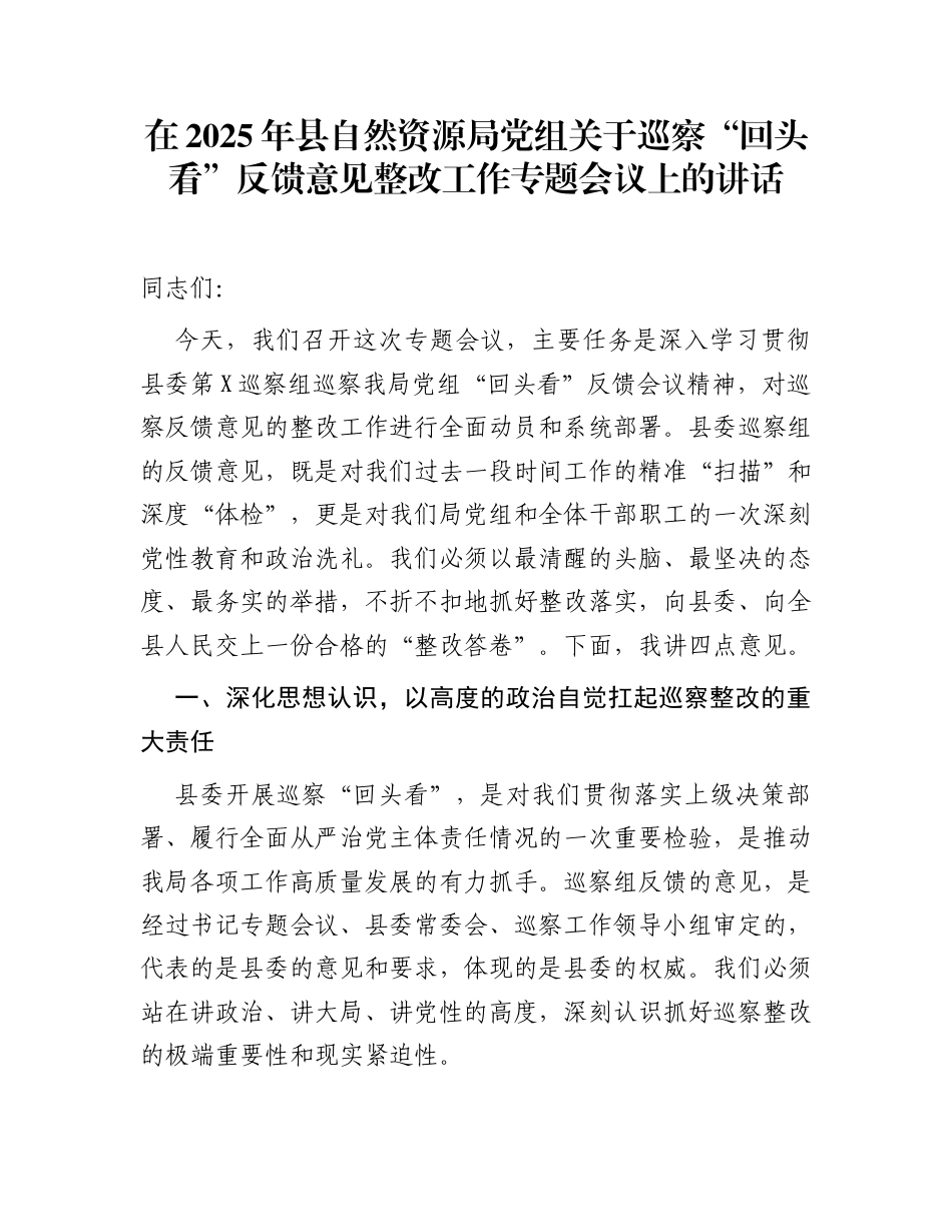 在2025年县自然资源局党组关于巡察“回头看”反馈意见整改工作专题会议上的讲话_第1页