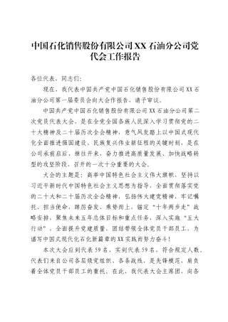 中国石化销售股份有限公司石油分公司党代会工作报告