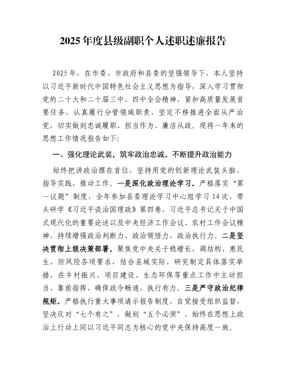 2025年度县级副职个人述职述廉报告_第1页