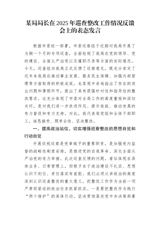 某局局长在2025年巡查整改工作情况反馈会上的表态发言