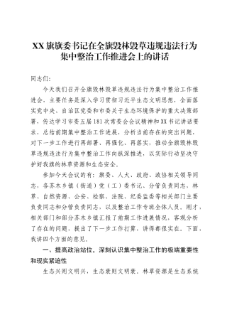 旗旗委书记在全旗毁林毁草违规违法行为集中整治工作推进会上的讲话1