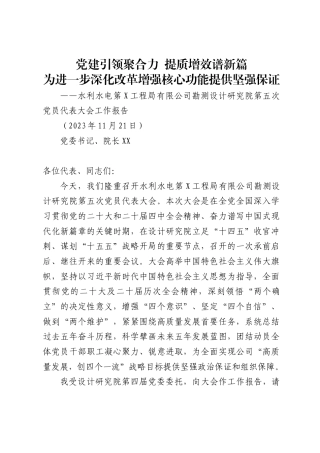 水利水电第工程局有限公司勘测设计研究院党代会工作报告