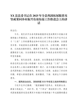 县县委书记在2025年全县巩固拓展脱贫攻坚成果同乡村振兴有效衔接工作推进会上的讲话1