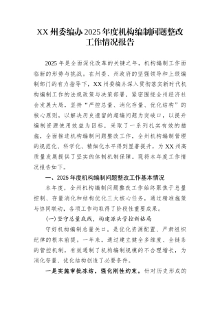 XX州委编办2025年度机构编制问题整改工作情况报告