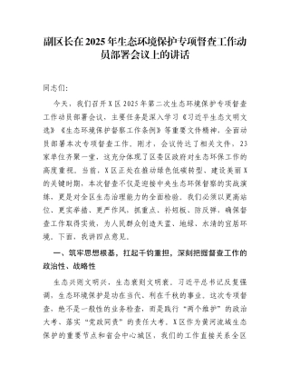 副区长在2025年生态环境保护专项督查工作动员部署会议上的讲话