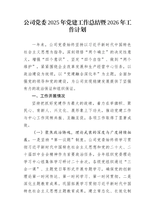 公司党委2025年党建工作总结暨2026年工作计划