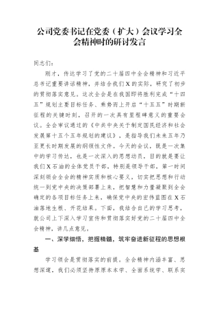 公司党委书记在党委（扩大）会议学习全会精神时的研讨发言