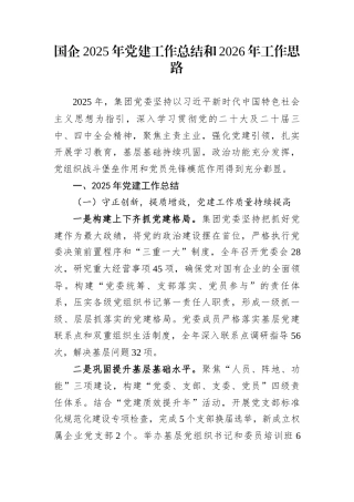国企2025年党建工作总结和2026年工作思路