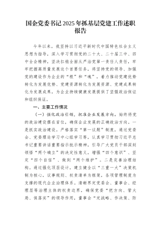 国企党委书记2025年抓基层党建工作述职报告