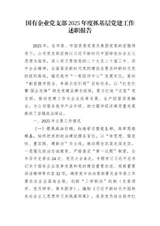 国有企业党支部2025年度抓基层党建工作述职报告