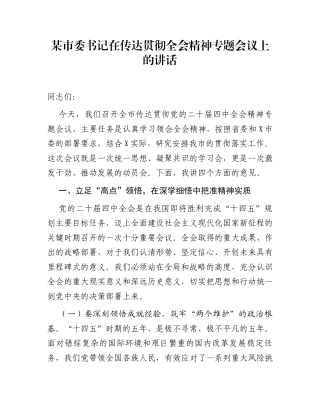 某市委书记在传达贯彻全会精神专题会议上的讲话