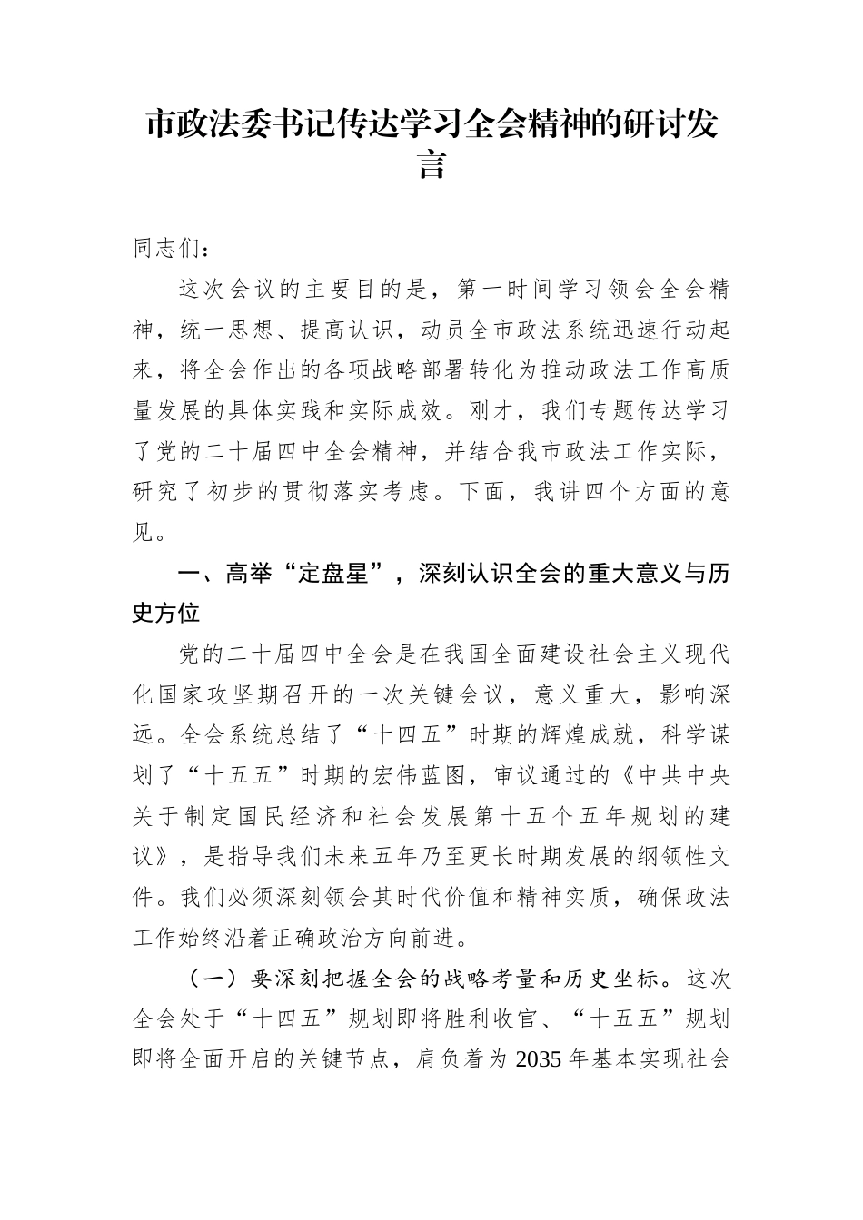 市政法委书记传达学习全会精神的研讨发言_第1页