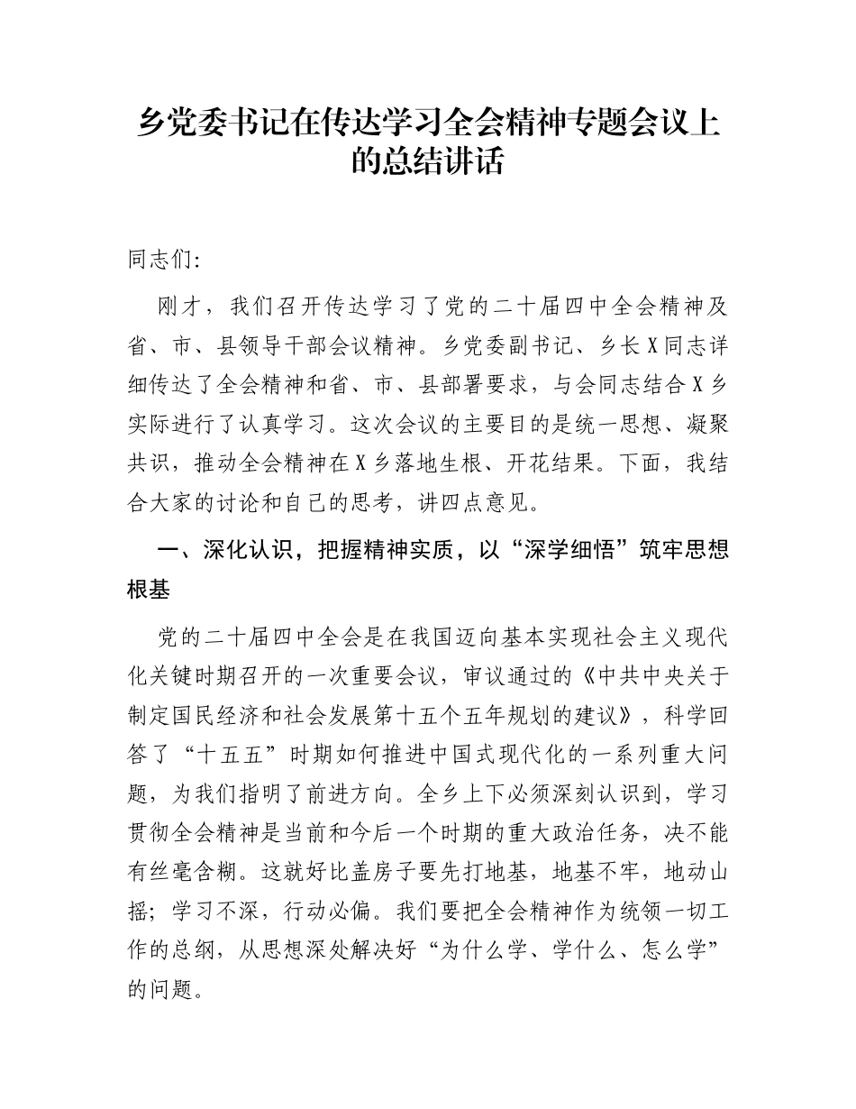 乡党委书记在传达学习全会精神专题会议上的总结讲话_第1页