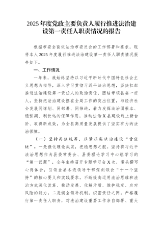 2025年度党政主要负责人履行推进法治建设第一责任人职责情况的报告