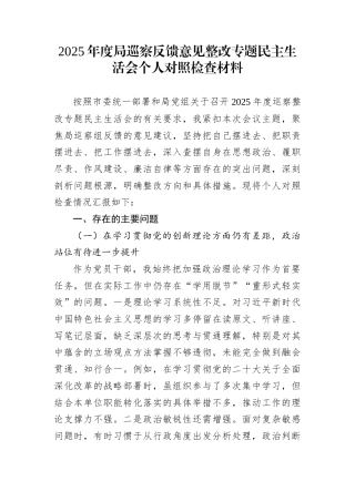 2025年度局巡察反馈意见整改专题民主生活会个人对照检查材料