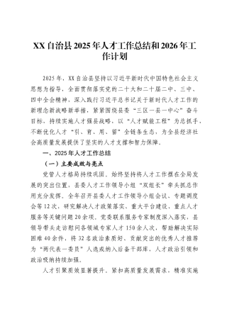 XX自治县2025年人才工作总结和2026年工作计划