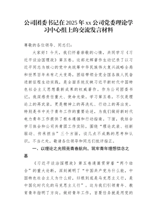 公司团委书记在2025年xx公司党委理论学习中心组上的交流发言材料