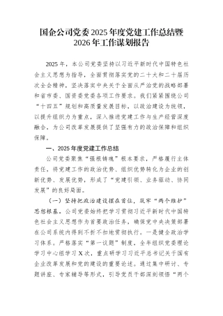 国企公司党委2025年度党建工作总结暨2026年工作谋划报告