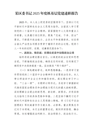 某区委书记2025年度抓基层党建述职报告