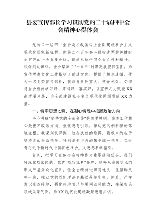 县委宣传部长学习贯彻党的二十届四中全会精神心得体会