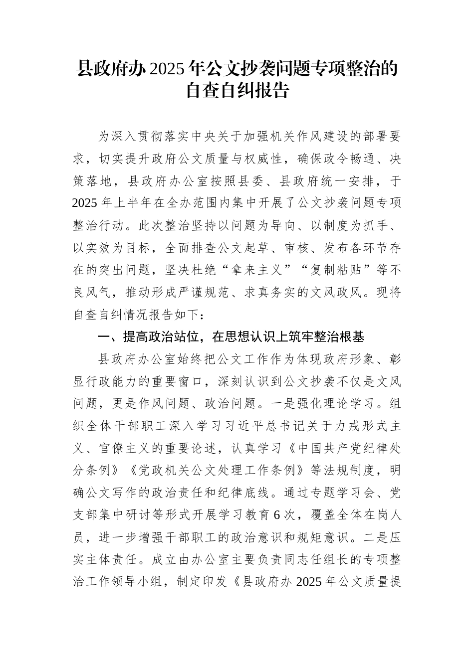 县政府办2025年公文抄袭问题专项整治的自查自纠报告_第1页