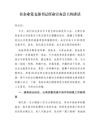 在企业党支部书记任命宣布会上的讲话