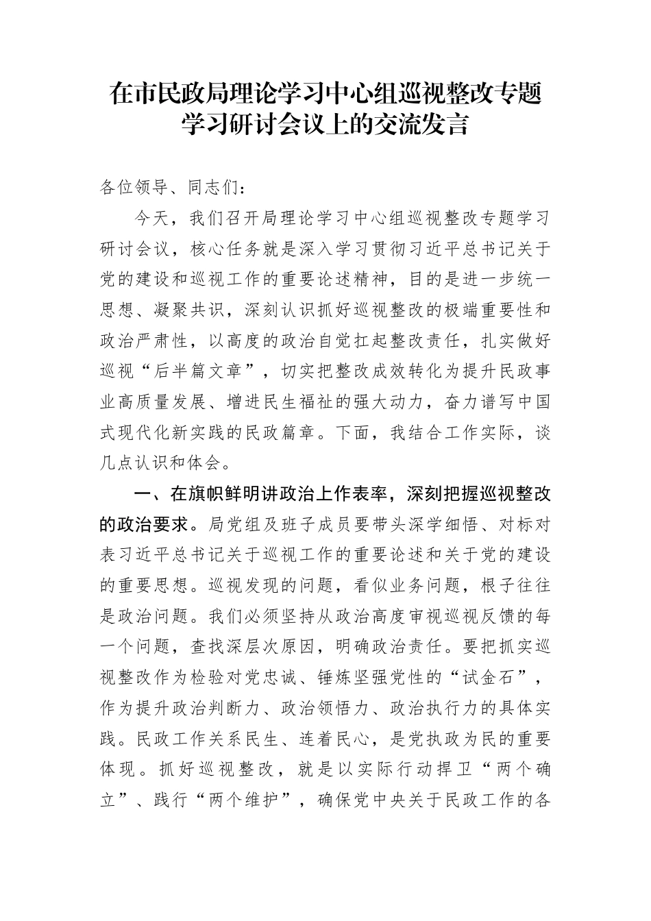 在市民政局理论学习中心组巡视整改专题学习研讨会议上的交流发言_第1页