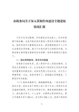市税务局关于深入贯彻作风建设专题进展情况汇报