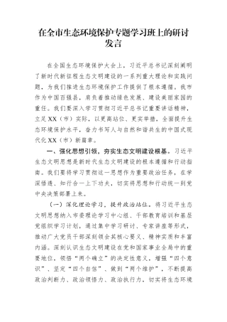 在全市生态环境保护专题学习班上的研讨发言